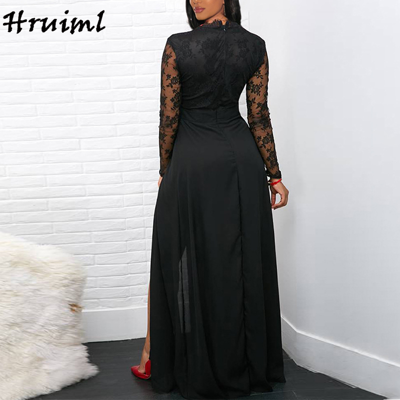 Night Dress Women Lace Thigh Slit Floor Length Black Ladies Dresses V Neck Party Vestidos De Fiesta Noche Largos Elegant 210513