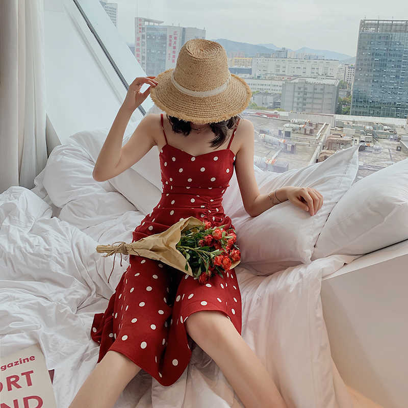 Summer Vintage Floral Red Polka Dot Print Dress Fold Irregular Strap A-line Dresses Boho Holiday Beach Sundress Vestidos 210608