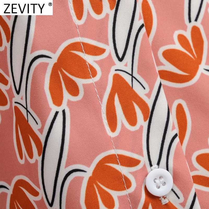 Zevity Women Vintage Turn Down Collar Floral Print Shirts Office Ladies Long Sleeve Business Blouse Chic Female Tops LS9170 210603