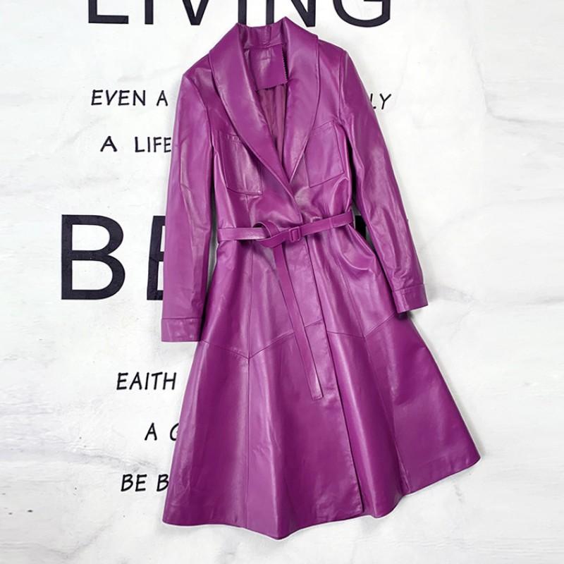 Women 2021 Long Purple Sheepskin Genuine Leather Jacket Belted Slim Fit Office Ladies Party Outwear Windbreaker Trench Coat Women's & Faux