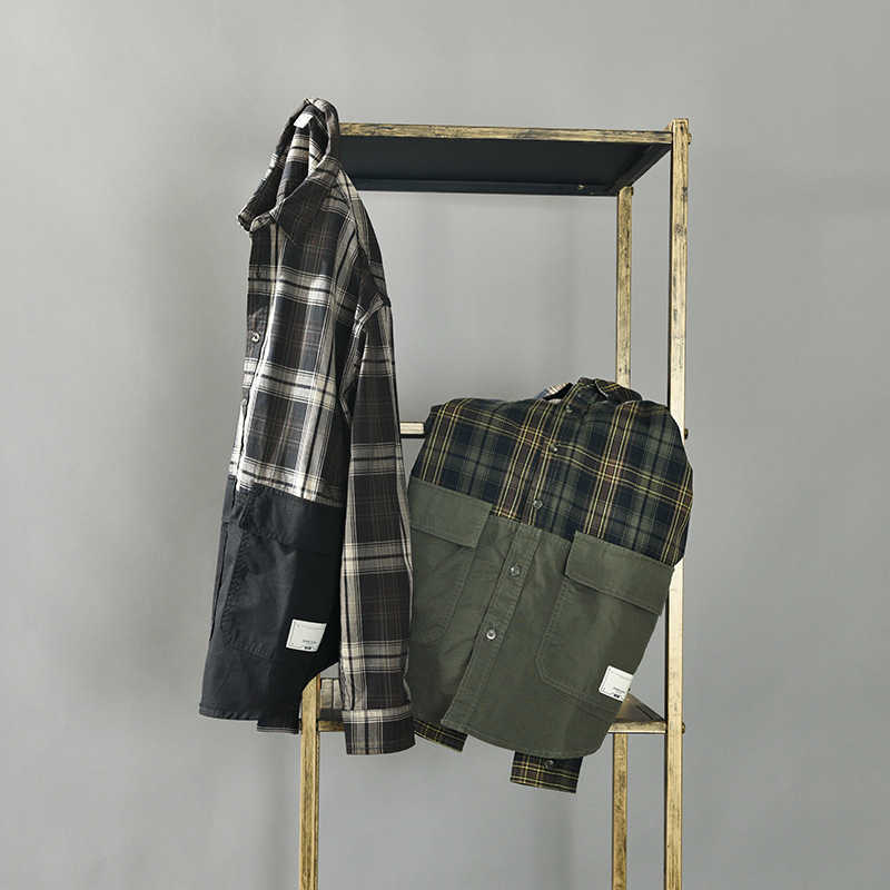 Spring Summer Men Patch Work Plaid Shirt Pure Cotton Long Sleeve Button Up Vintage Green Fashion Trend GML04-Z136 210809 Free shippin