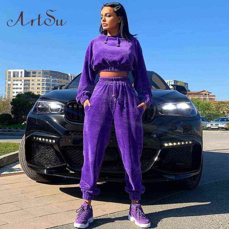 Artsu Flannel 2 Two Piece Set Sport Suit Pink Fleece Crop Top Hoodies Sweat Pants Women Matching Sets Clothing Outfit Sportswear 211105