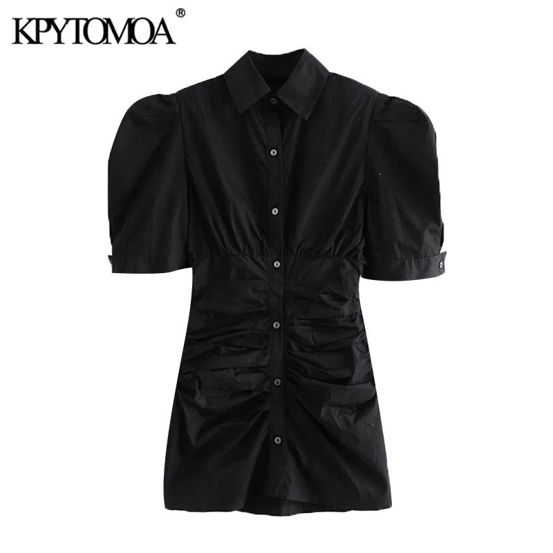 Women Chic Fashion Striped Pleated Fitted Mini Dress Puff Sleeves Button-up Female Dresses Vestidos Mujer 210420