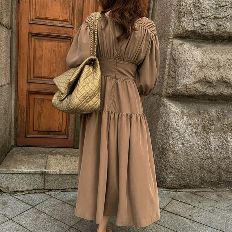 Summer Dress Round Neck Sashes Elegant Slim Lantern Sleeve Loose Fit Fashion 2H125 210526