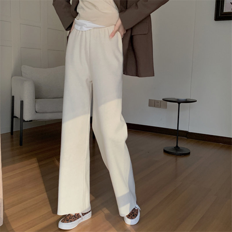 Apricot Solid Chic Woolen Straight Elegant Minimalist High Waist Pants Women All Match Casual Trousers 210421