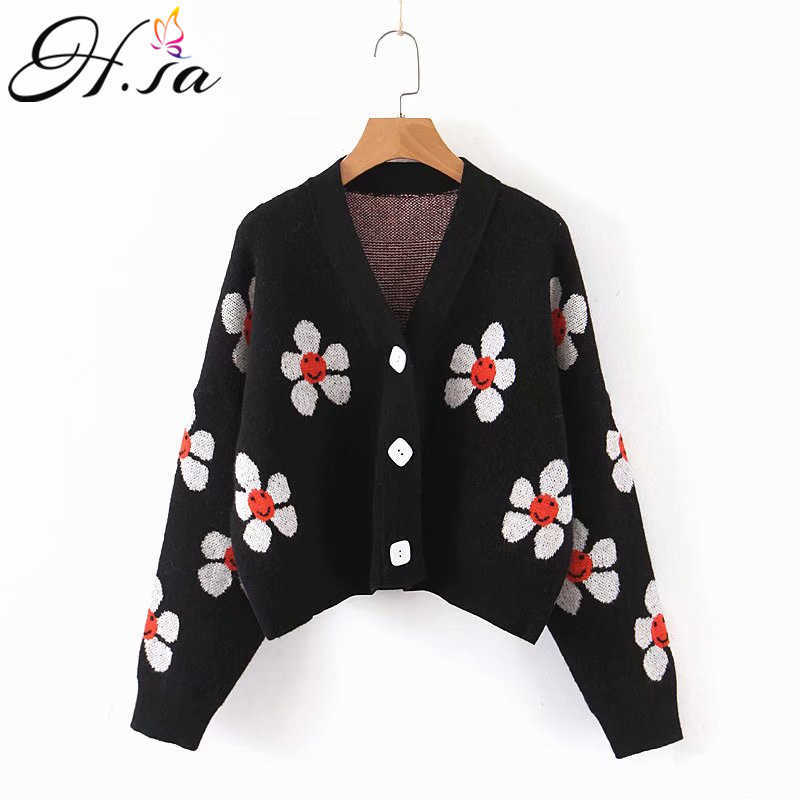 H.SA Winter Arrivals Women Floral Cardigans V Neck Button Up Black Cardigans Cashmere Sweater Sweet Floral Coat 210716