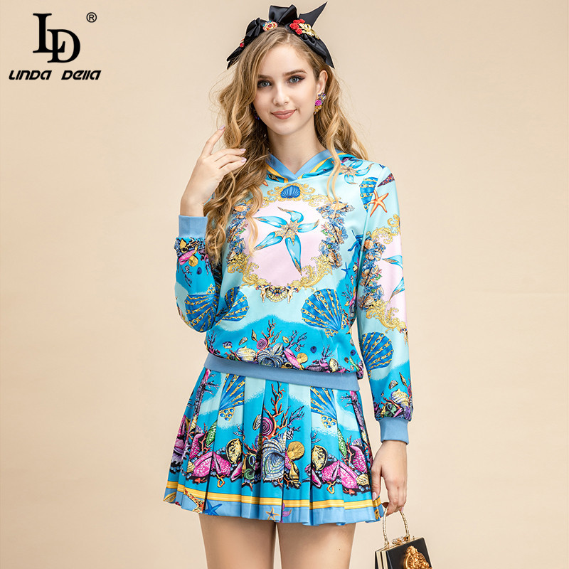 Autumn Winter Fashion Runway Skirt Suit Women Casual Pullover Hooded Sweater and Pleated Short 2 Pieces Set 210522