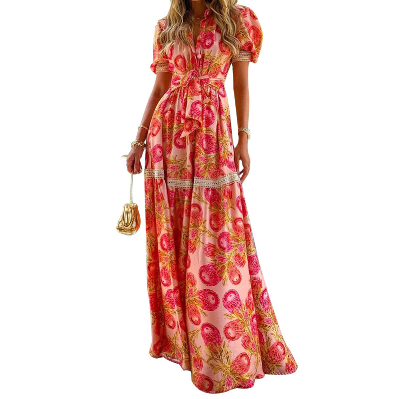 Women Dress Fashion Printed Bohemia Sexy Long Print Floral Maxi es Short Sleeve Lace Up Flower Girl es 210513