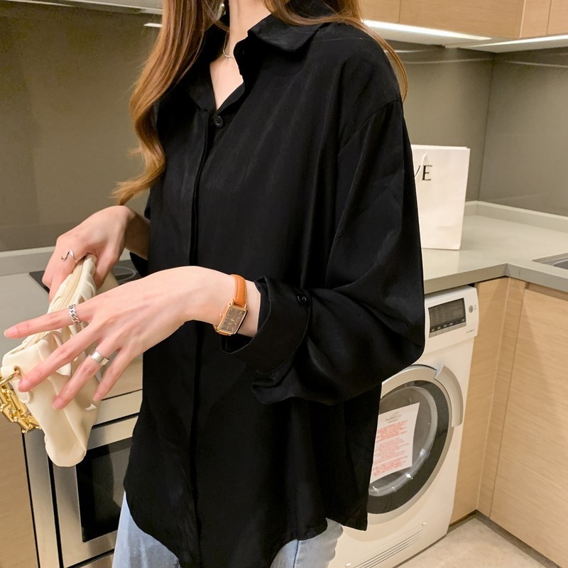 Autumn Black Long Sleeve Fashion Women Blouses Korean Office Lady Style POLO Collar Simple Woman's Shirts Blusas Mujer 10779 210508