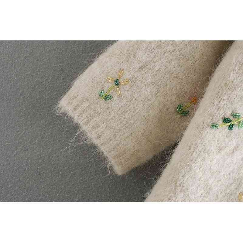 autumn winter fashion sweet V-neck embroidered beaded single-breasted knitted cardigans jacket women crop tops 210508