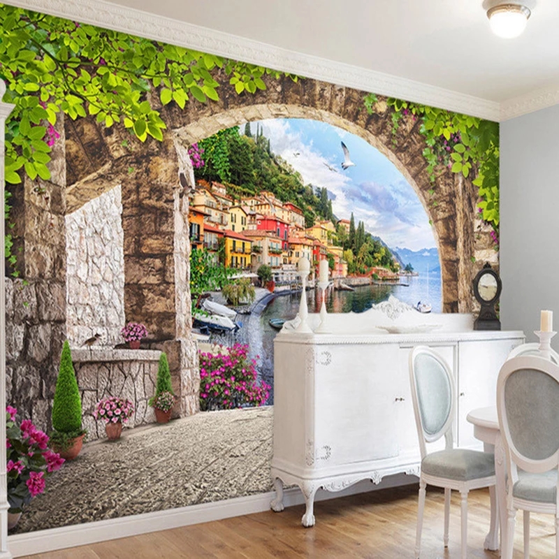 European Style 3D Stereoscopic Small Town Street View Living Room TV Background Wallpaper Cafe Restaurant Mural Waterproof