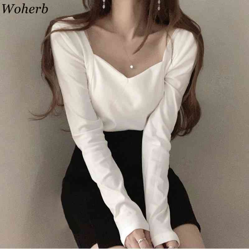 Sexy Lady Woman Tshirts Square Collar Slim Shirt Elegant Chic Pullovers Tees Spring Simple Long-sleeve White Tops Female 210519