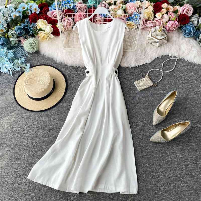 LY VAREY LIN Summer Solid Sleeveless High Waist Dress Sexy A-line O Neck Mid-Calf Women Party 210526