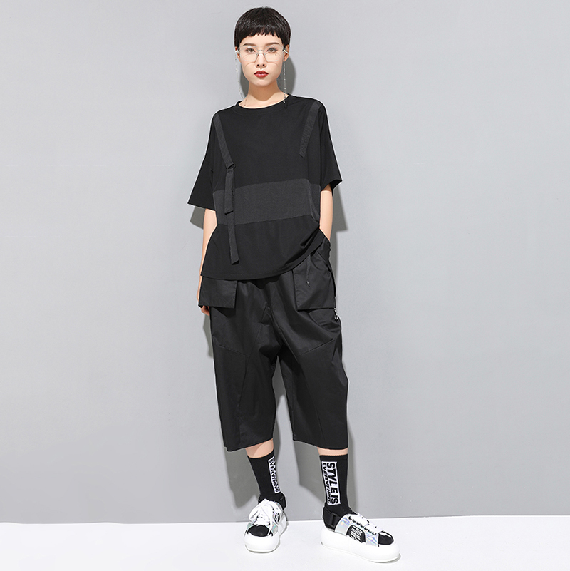 EAM Women Black Contrast Color Split Big Size Tshirt Round Neck Half Sleeve Fashion Spring Summer 1U136 210406