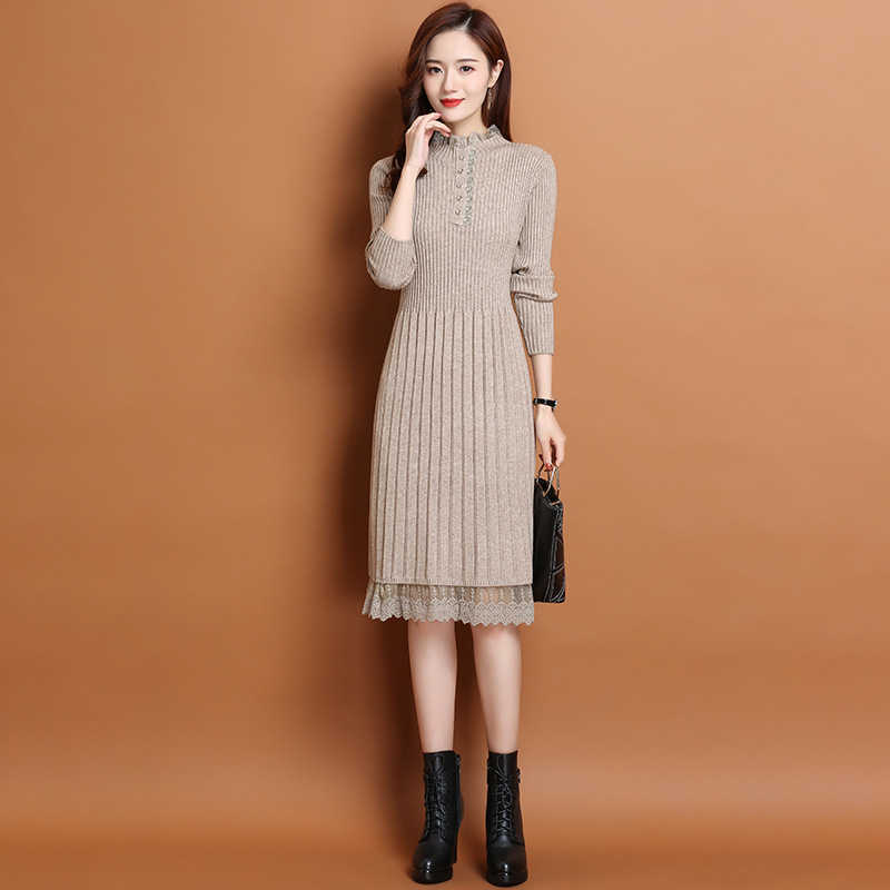 Robe Pull Femme Hiver Lady Korean Style Lace O-neck Long Sleeve Dresses for Women Casual Knee-length Knit Dress Sukienki Damskie 210604