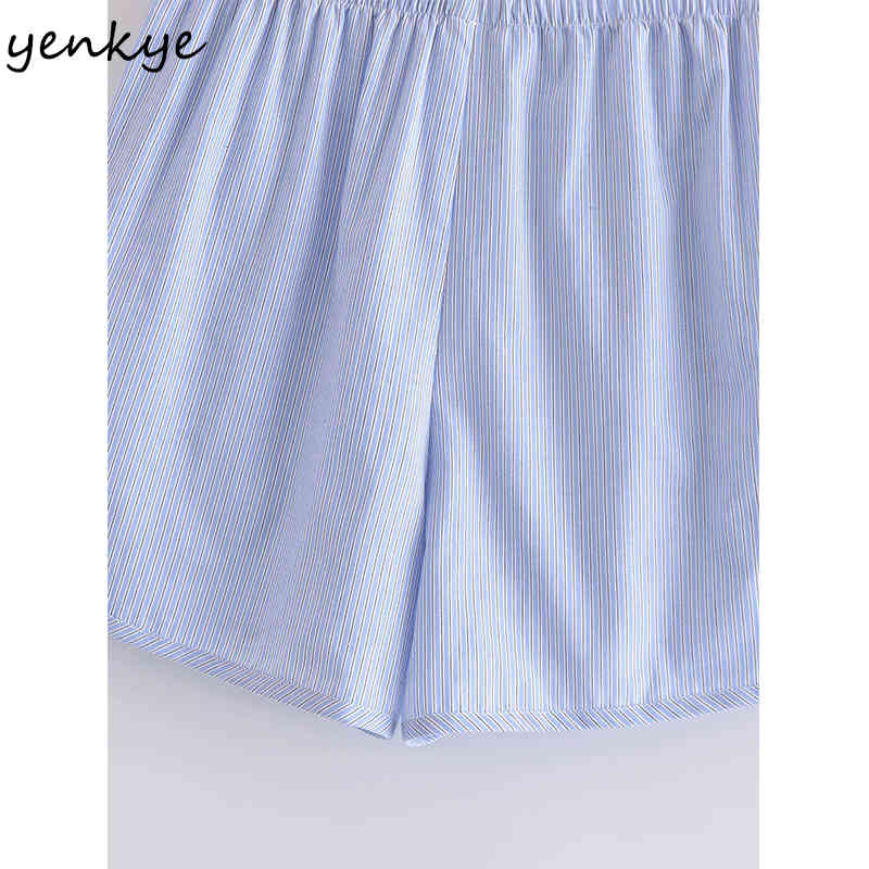 Light Blue Striped Shorts Women Elastic High Waist Casual Short Femme Summer pantalones cortos de mujer 210430