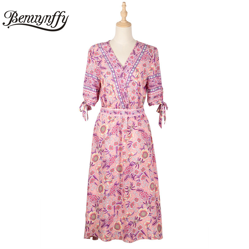Surplice Neck Holiday Style Floral Print Midi Dresses Women Summer Casual High Waist Short Sleeve Female A-Line Dress 210510