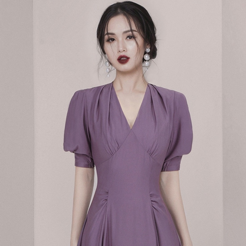 Women's Summer Office Lady Slim Elegant Vintage Dress Sexy V Neck Women Puff Sleeve Purple Vestidos 210520