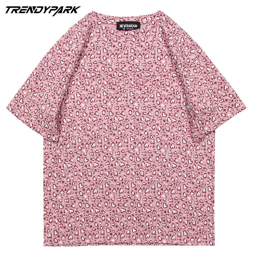 Men's Hip Hop Tshirts Little Hearts Leopard Pattern Short Sleeve Shirts Streetwear Harajuku Casual Cotton T-Shirt Summer Tops 210601