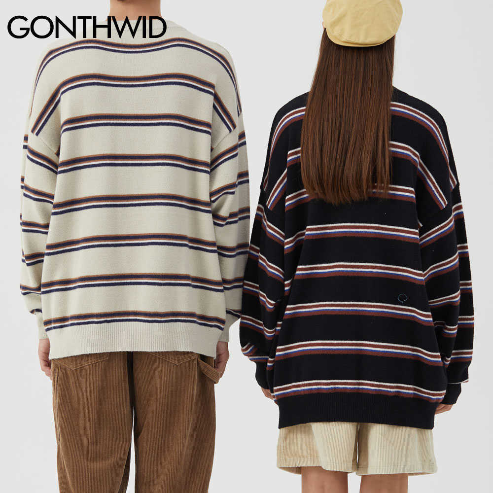 GONTHWID Harajuku Stripe Knitted Jumpers Sweaters Streetwear Hip Hop Casual Pullover Knitwear Mens Fashion Crew Neck Tops 210818