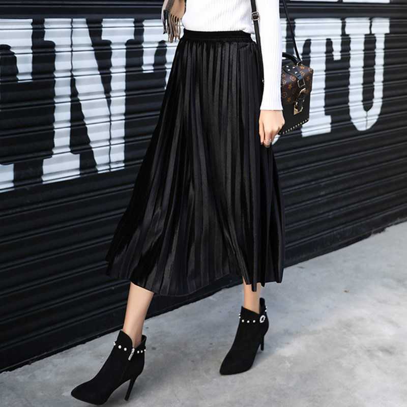 Pleated Skirt Women Autumn Long Vintage Gray Korean Maxi High Waist Casual Winter Black Party School Girl Velvet 210619