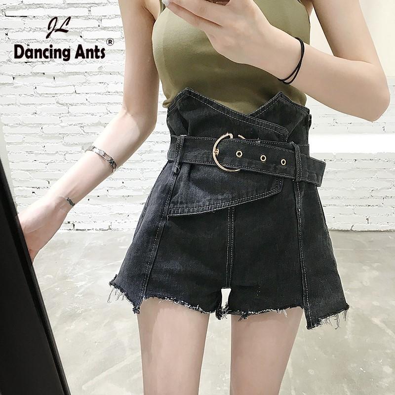 Women Plus-Size Shorts Loose High Waist A-line Jeans Short Vintage Solid Side Zipper Sashes Asymmetrical Female Denim Women's