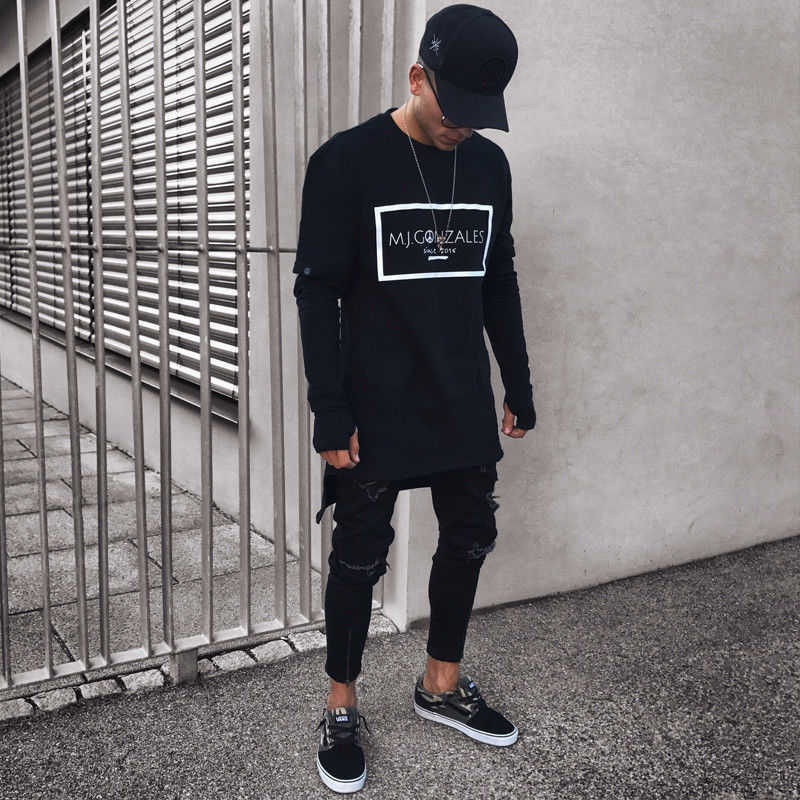 Cool Fashion Stretch Denim Black Jeans Ripped Destroyed Slim Fit HIp Hop Pants With Holes For Men 211011