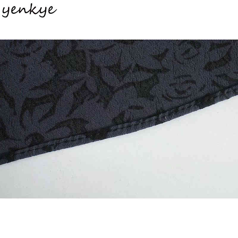 YENKYE Vintage Floral Print Long Dress Women V Neck Lantern Sleeve Slim A-line Sexy Slits Elegant Party Dress Vestido 210515