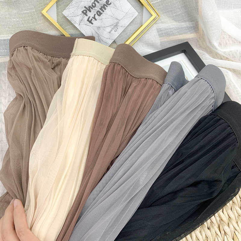 Croysier Women Long Tulle Pleated Skirt Spring Summer Elastic High Waist s Womens Elegant Mesh Midi Clothes 210619