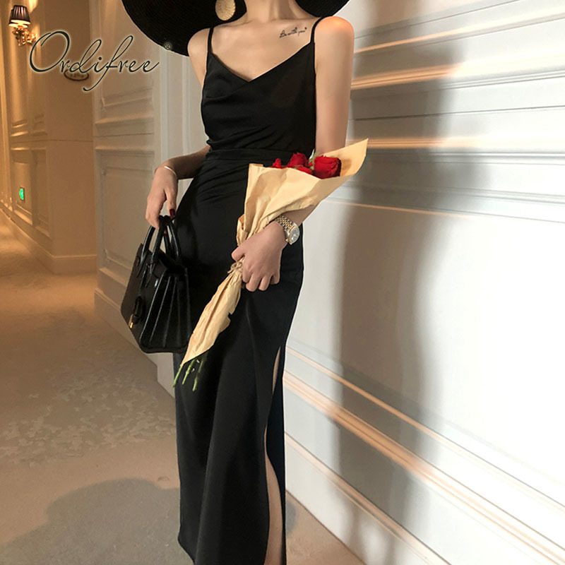 Ordifree Summer Vintage Women Satin Slip Dress Spaghetti Strap Side Slit Black Burgundy Silk Sexy Long Party Dress 210409