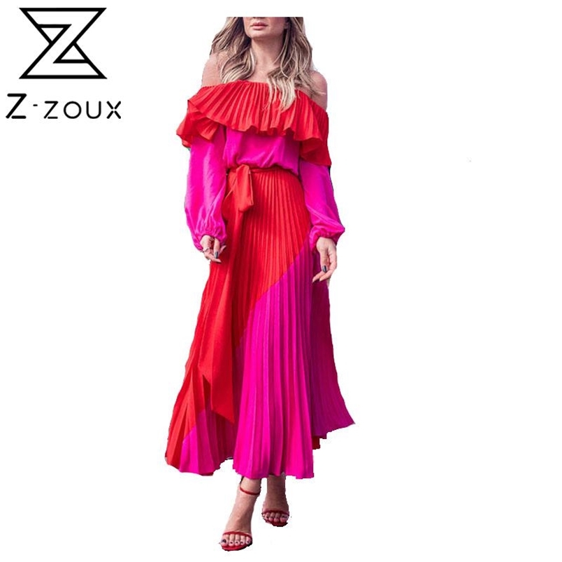 Women Dress Slash Neck Off The Shoulder es Plus Size Summer es Bandage Patchwork Pleated Long 210513