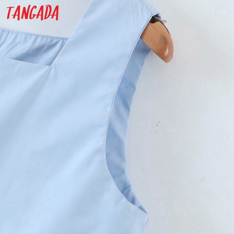 Women Blue Camis Square Neck Crop Top Sleeveless Short Blouses Shirts Female Casual Solid Tops QD09 210416