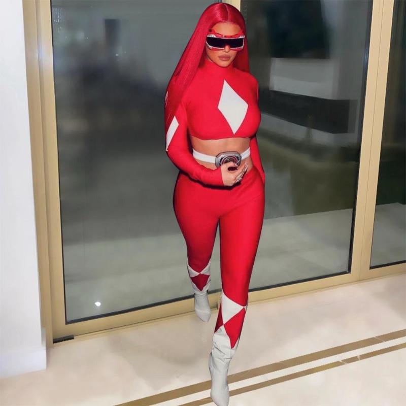 Women Fashion Sexy Locomotive Style Sets Long Sleeve High Collar Top Elastic Pants Two Piece Women's Tracksuits