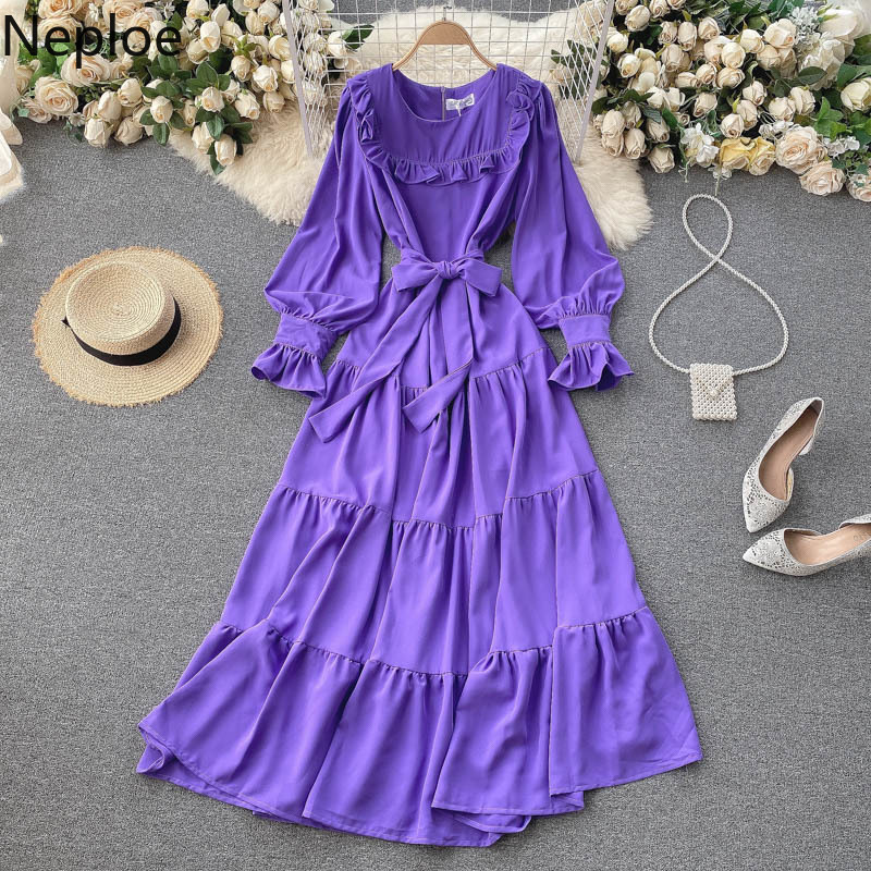 Neploe Sweet Dress Women O Neck Puff Sleeve Ruffles Slim Dresses Beach Holiday Chic Bow Robe Temperament Maxi Vestidos 210422