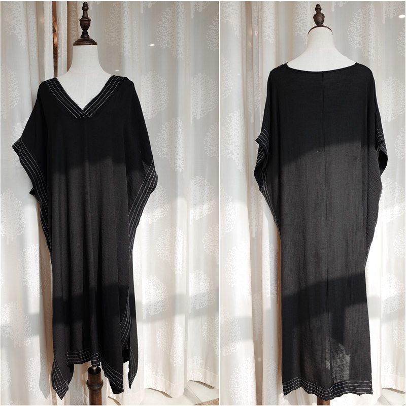 Long Beach Cover up Pareos de Playa Mujer Wear Plus size Bikini Robe Plage Sarong Black Tunic #Q701 210420