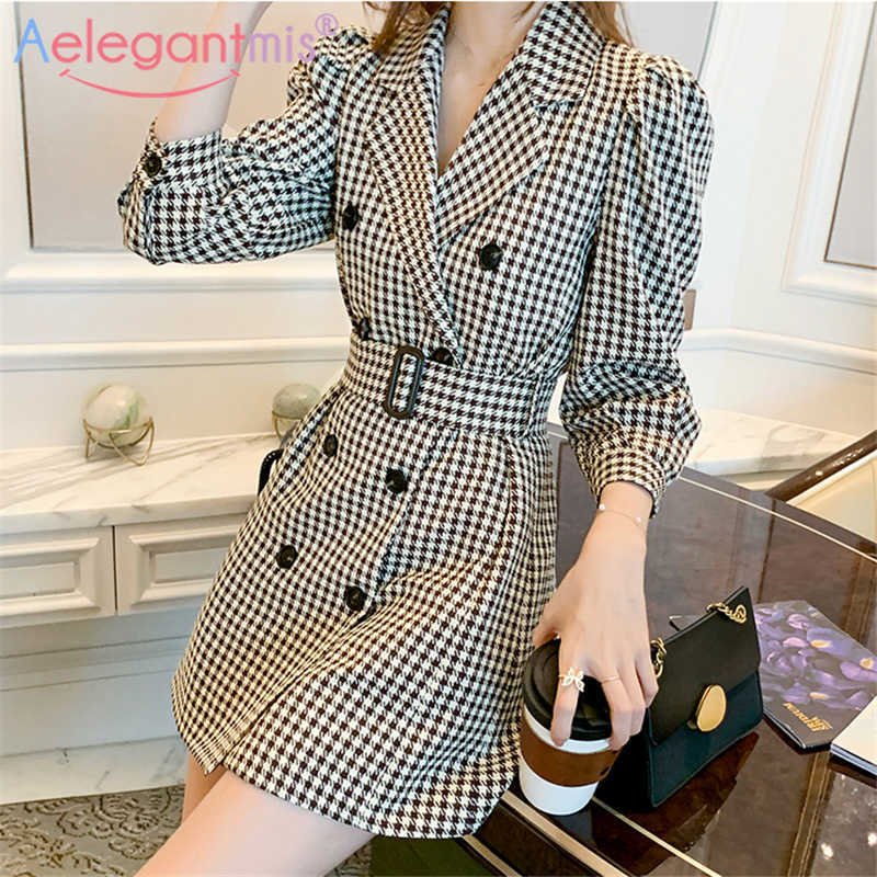 Aelegantmis Stylish Office Lady Elegant Women Brown Houndstooth Blazer Dress Sashes Korean Female Double Breasted OL Retro 210607 
Aelegantmis Stylish Office Lady Elegant Women Brown Houndstooth Blazer Dress Sashes Korean Female Double Breasted OL Retro 210607