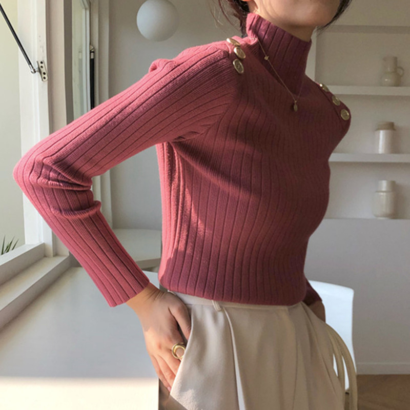 Spring Autumn OL Basic Pullover Tops Soft Warm Bottoming Sweater Women Elegant Solid Turtleneck Knitted Sweaters 210421