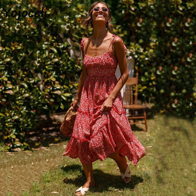 Yojoceli chic floral print sundres boho beach midi female vestidos big pendulum 210609