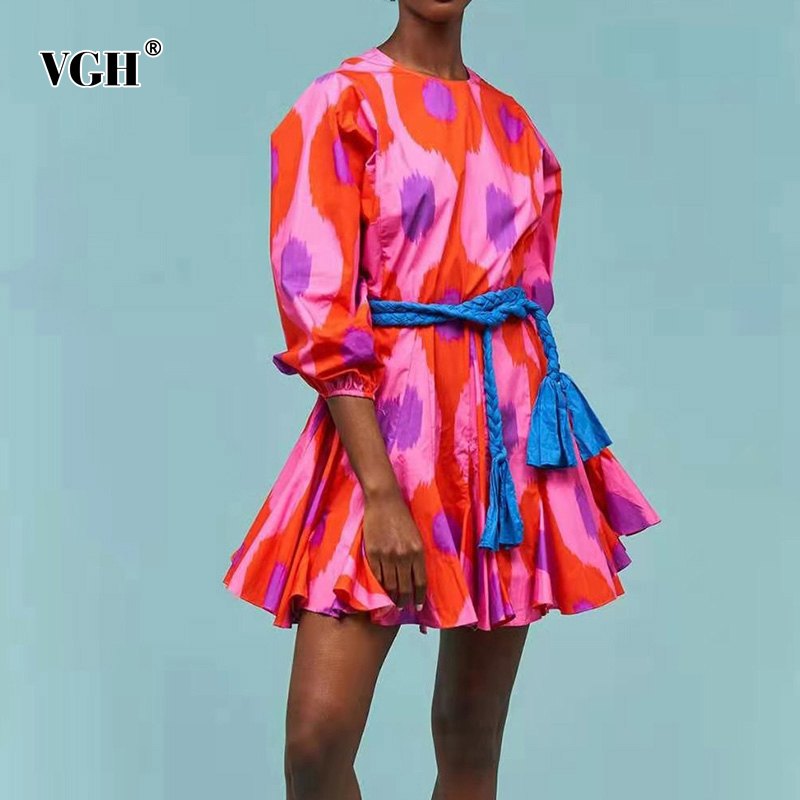 VGH Print Dress For Women O Neck Long Lantern Long Sleeve Patchwork Bandage High Waist A Line Casual Dress Female Clothing 210421