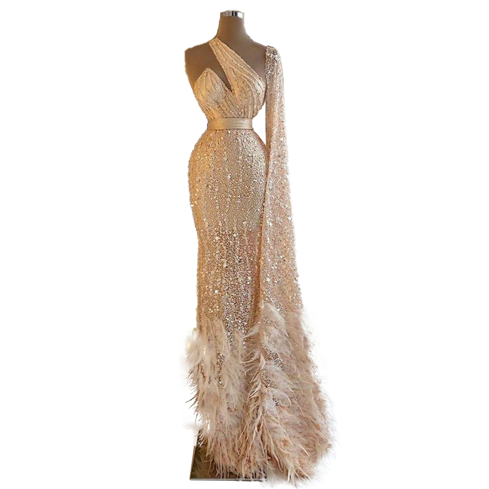 Squines Beaded Mermaid Evening Dresses Halter Prom Dress One-shouder Ruched Feather Black Sweep Train Robe de mariée2021