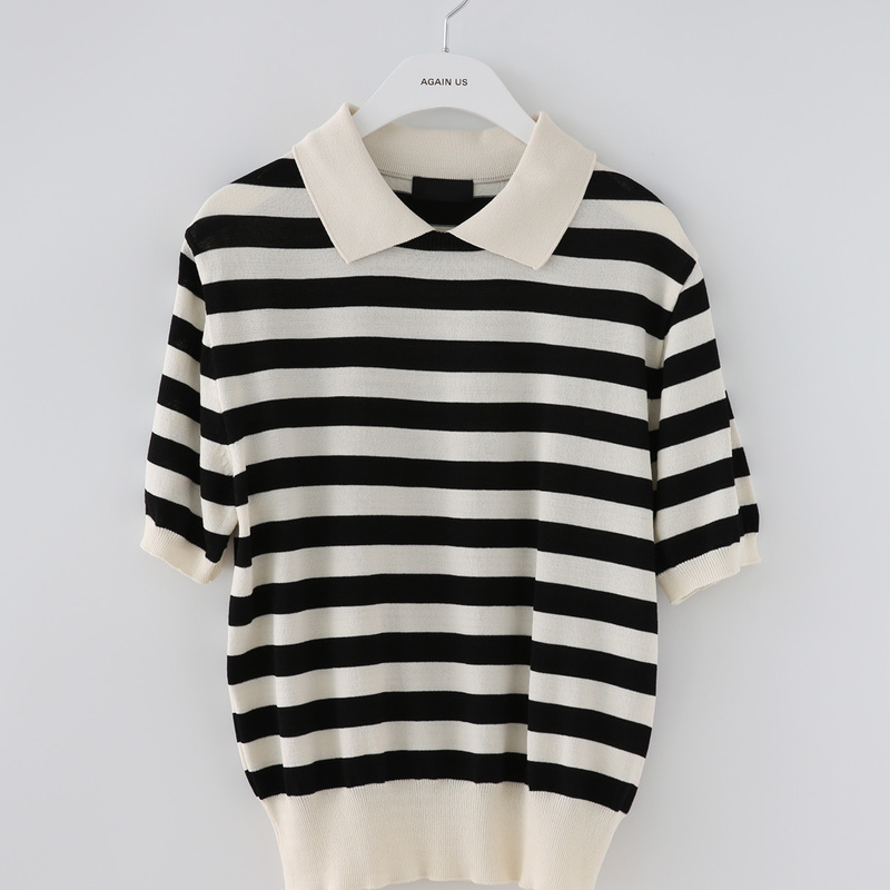 Summer Korean Tees Short Sleeve Knitted T Shirt Temperament Turn Down Collar Shirts Vintage Stripe Casual Tops Mujer 210519