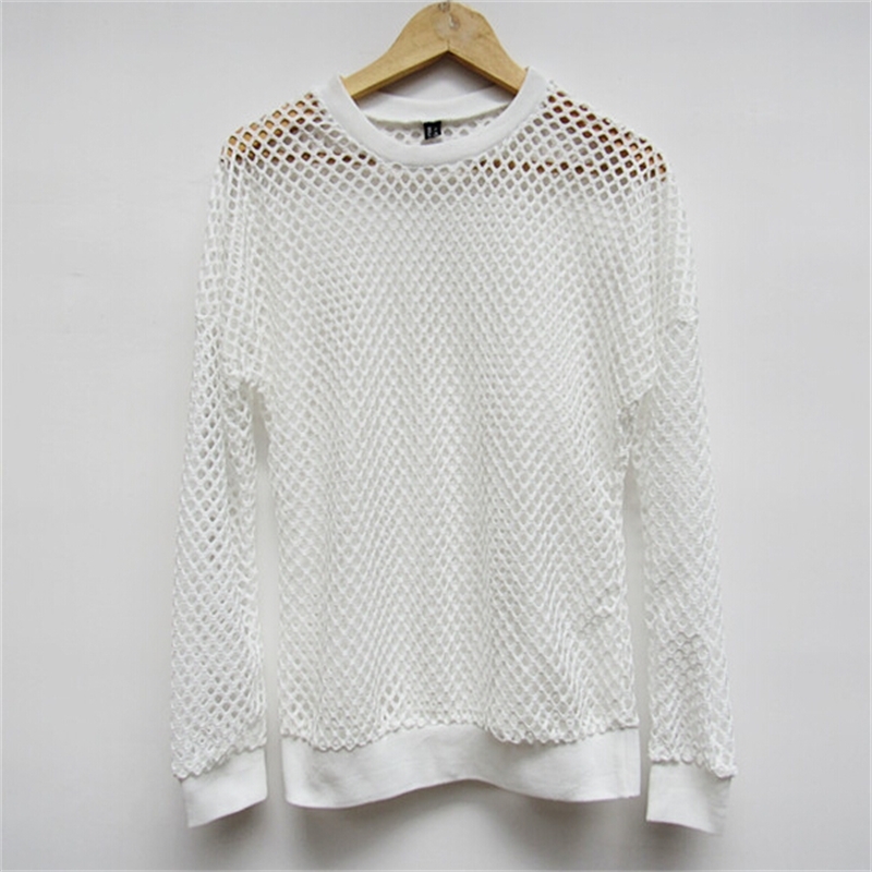 Mens Sexy Fishnet See Through T-Shirt Long Sleeve Transparent Tshirt Homme Punk Gothic Nightclub Prom T Shirt for Men Camisetas 210629