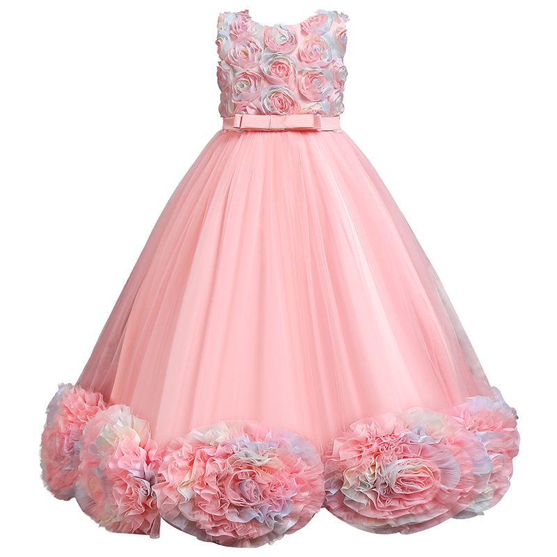 2021 Cute Flower Girl Dresses Jewel Neck 3D Florals Girl Pageant Gown Cascading Ruffle Sweep Train Custom Made Birthday Ball Gowns
