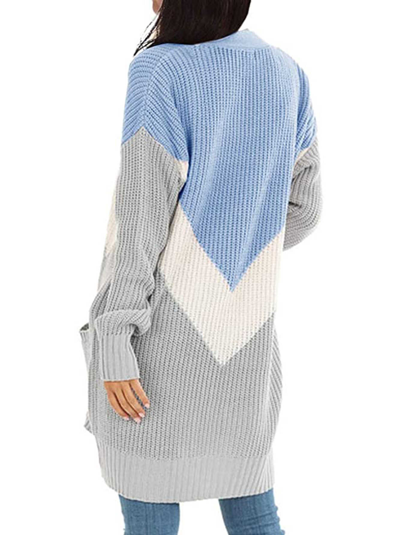Winter Casual V-Neck Long Cardigan for Women Autumn Patchwork Sleeve Pocket Knitted Sweater Womens Cardigans Kobieta Swetry 210604