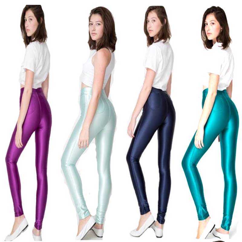 Solid Fluorescent Leggings Women Casual Plus Size Multicolor Shiny Glossy Legging Female Elastic Pant Sporty Clothes 210925