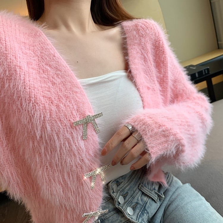 Autumn new womens v-neck rhinestone bow buttons patchwork mohair wool knitted long sleeve short sweater cardigan coat plus size SML