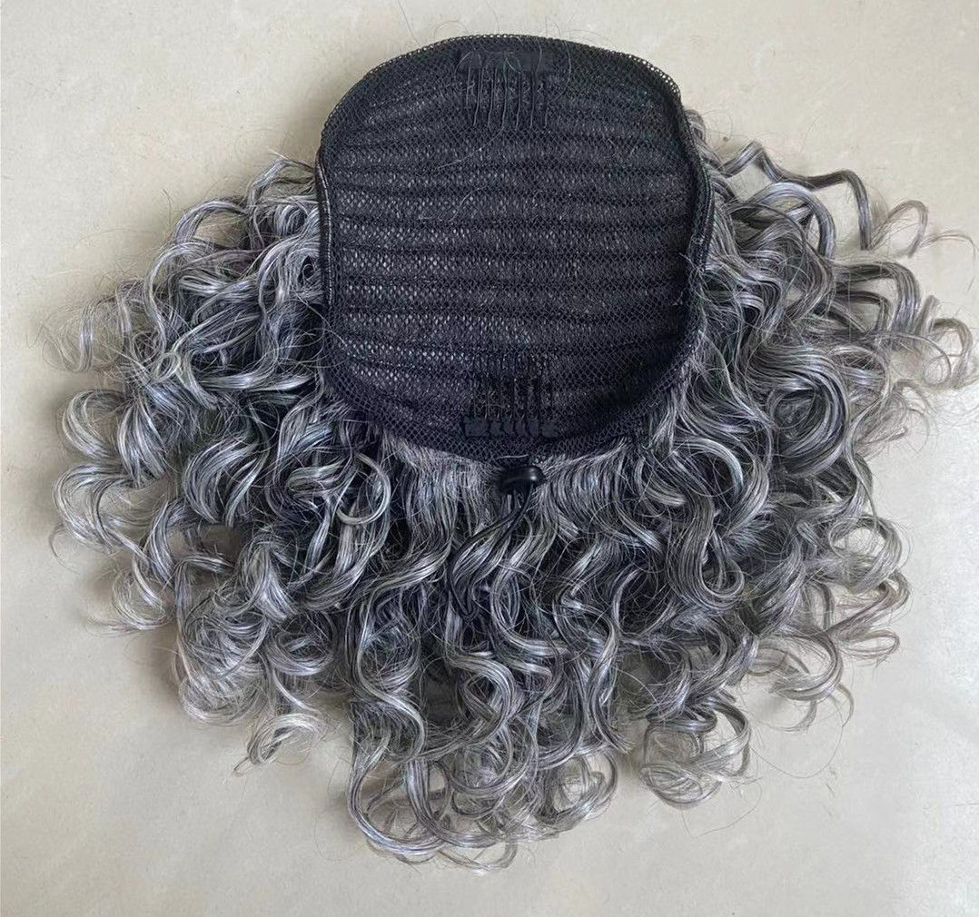 Salt and pepper gray hair balayaged real hair ponytail drawstring clip in naturally grey puff bun topper toupee women human hairs extension with grace