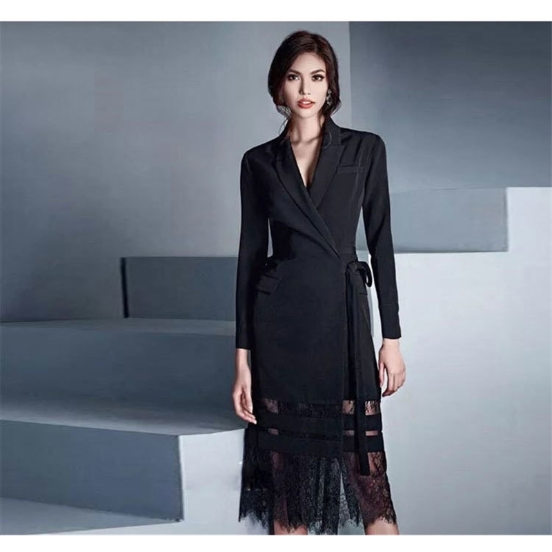 Spring High Quality Lace Up Blazer Patchwork Lace Dress Women Fashion Long Sleeve Hollow Out Empire Mid Dresses 210515