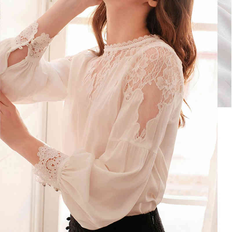 Autumn O-neck Lantern Sleeve Elegant White Silk Blouse Women Sexy Hollow Out Lace Long Blusas Mujer 10226 210427