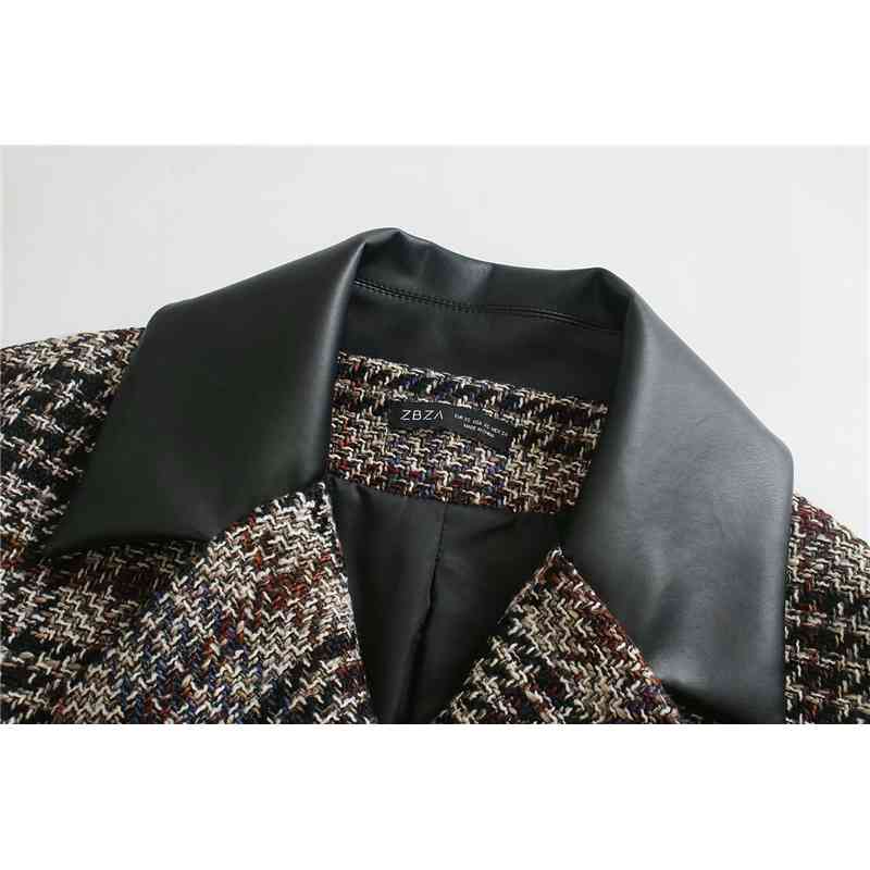 Vintage Women Faux Leather Notched Collar Blazers Fashion Ladies Woolen Plaid Jacket Streetwear Female Chic Loose Coat 210430